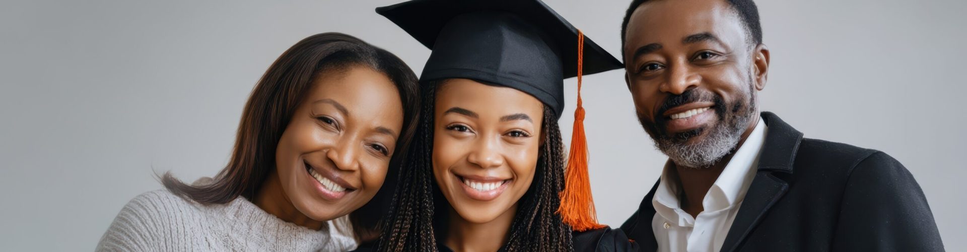 The joyful graduation celebration with proud parents and a graduate in cap and gown.